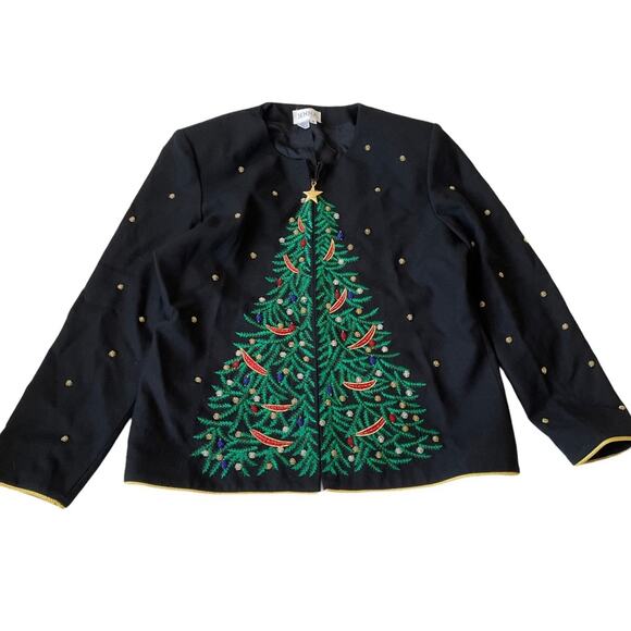 Vintage Jenna Christmas Tree Cardigan Sweater Embroidered Beaded Zip 14 NWT - Picture 1 of 13